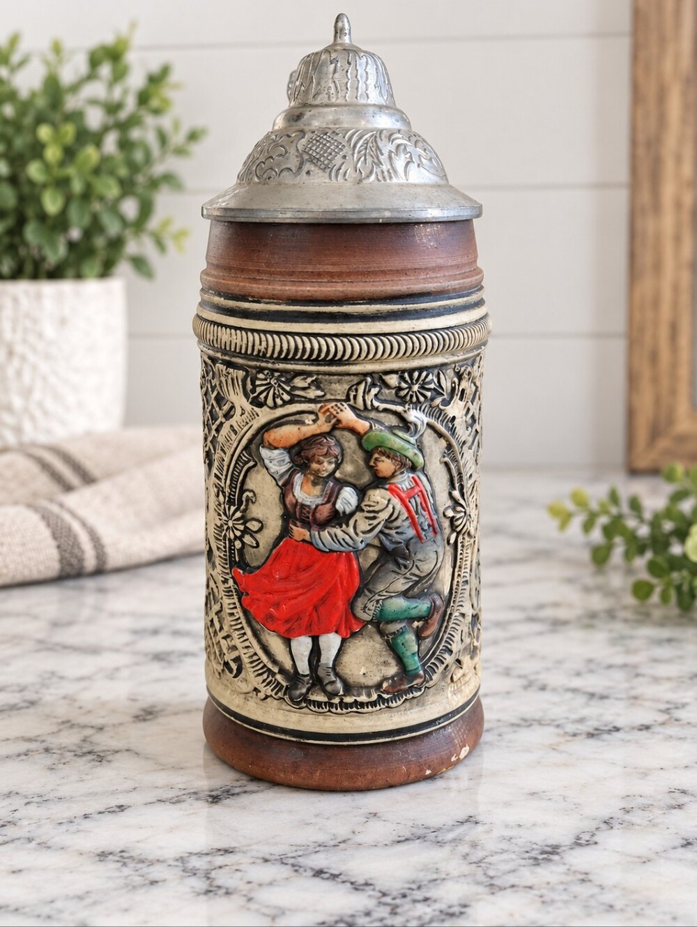 Decorative German-Style Ceramic Beer Stein in Red, Brown and Silver